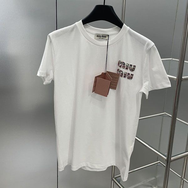 Immediate shipping Miu Miu embroidered cotton T-shirt replica myf59063 Immediate shipping Miu Miu embroidered cotton T-shirt replica myf59063