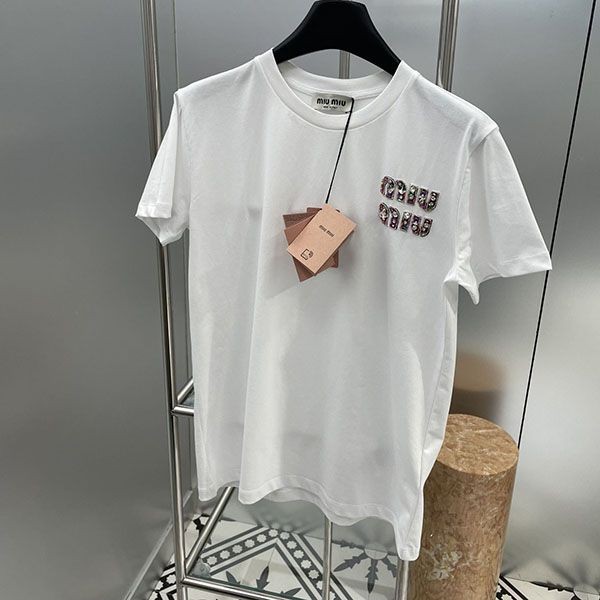 Immediate shipping Miu Miu embroidered cotton T-shirt replica myf59063