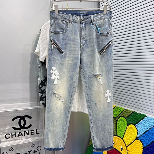 Rivalry? Chrome Hearts Cemetery Cross Patch Fake Denim Pants Kue80837