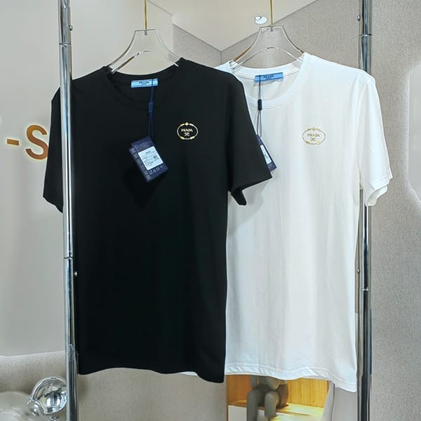 [Great Deal] Prada Logo Embroidery Cotton T-Shirt Replica 2 Colors pui76414