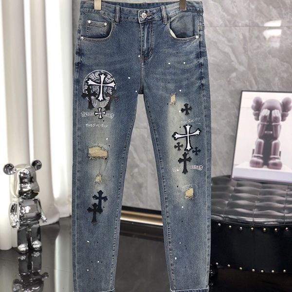 CHROME HEARTS CEMETERY CROSS PATCH DENIM PANTS SUPER REPLICA KUQ41345