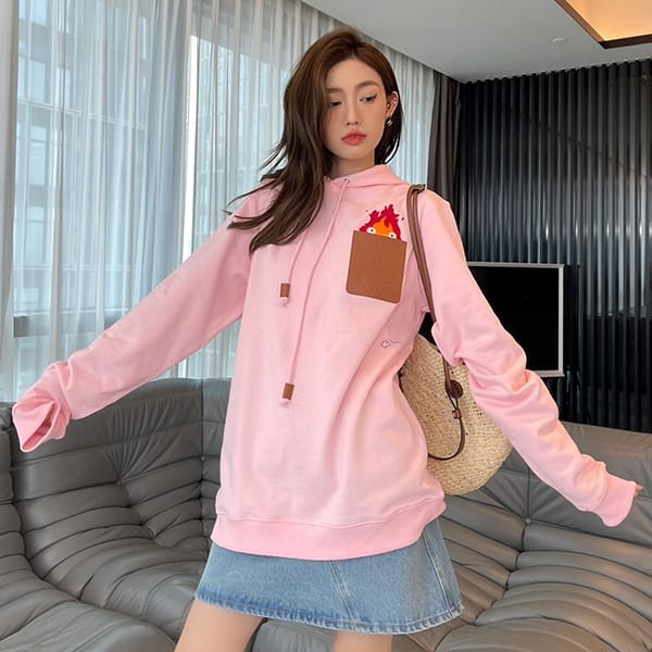 Immediate delivery Loewe Howl's Moving Castle replica Calcifer leather patch hoodie loz84737 Immediate delivery Loewe Howl's Moving Castle replica Calcifer leather patch hoodie loz84737