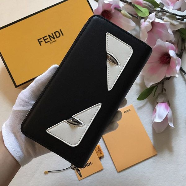 Rare color Fendi replica zip around long wallet customized black Bag Bugs zipper wallet 7M0210SQPF0KUR