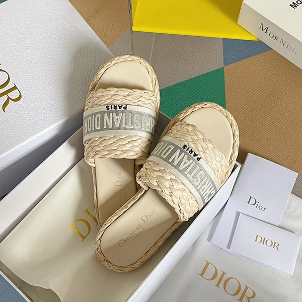 [Comfortable + Stylish?] Dior Replica Raffia x Cotton Flat DWAY Mules deq09870