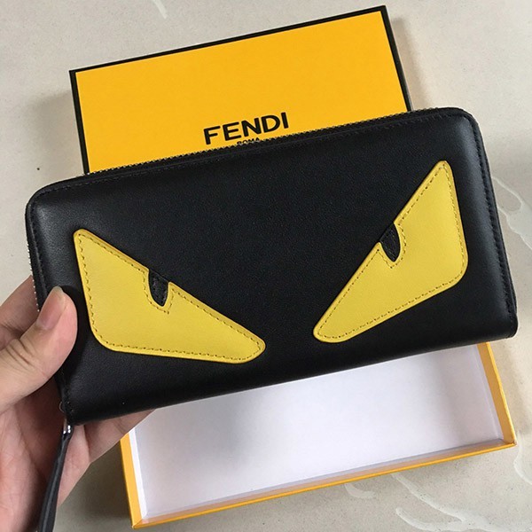 Fendi Replica Black Leather Zip Wallet Long Wallet Bag Bugs feh99103