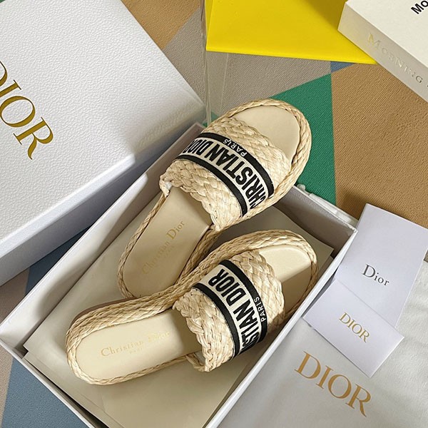 Dior Replica Raffia x Cotton Flat Dway Mules dex35034