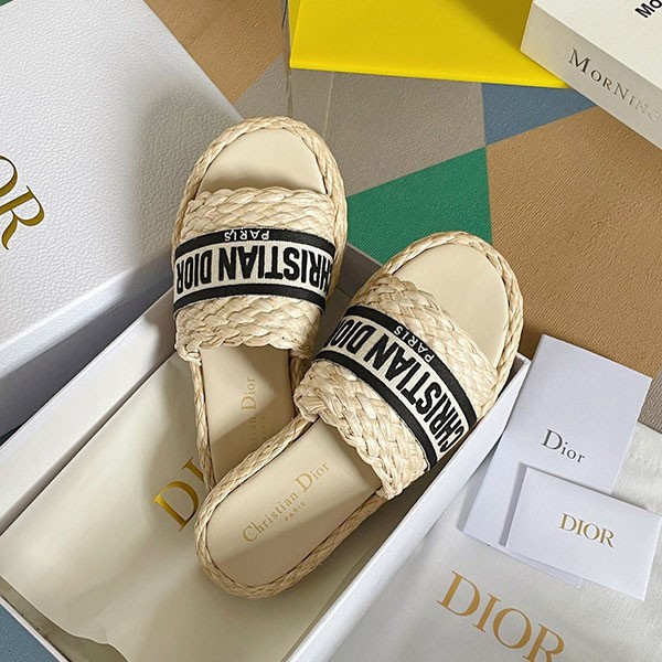 Dior Replica Raffia x Cotton Flat Dway Mules dex35034