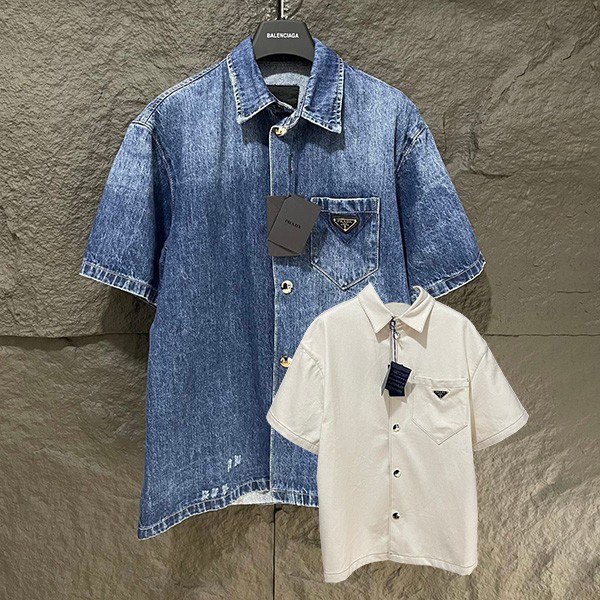 [Fashionable] Prada replica ◆ Washed denim short sleeve shirt with logo 2 colors pup40410