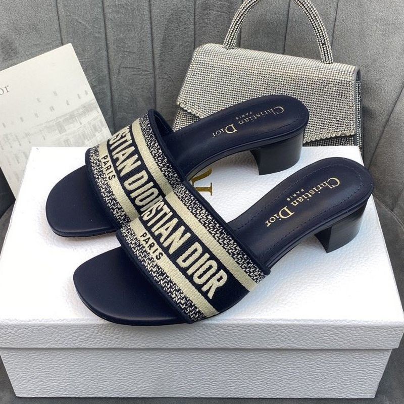 [Not available in Japan] Dior D-Way Heeled Mules Replica ★ Deep Blue Embroidered Cotton KCQ244ERC_S56B