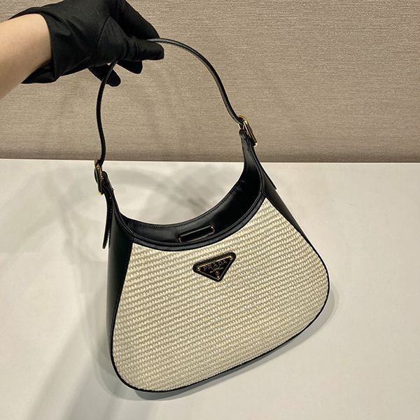 New design Prada copy fabric leather shoulder bag basket bag puh24401