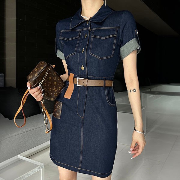 [Elegant ☆ Cute] Louis Vuitton Replica Leather Accent Denim Dress vuz35968