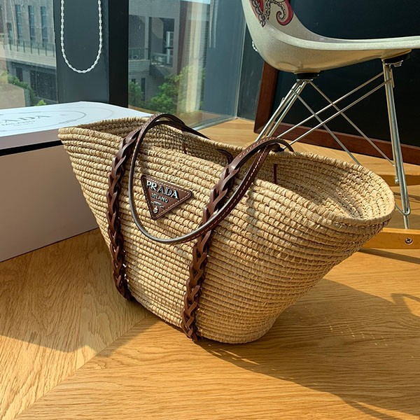 [New] Prada Replica Woven Palm x Leather Tote Basket Bag? pue57379