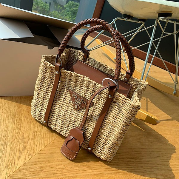 Replica Prada Natural Fiber x Leather Handbag puv30682