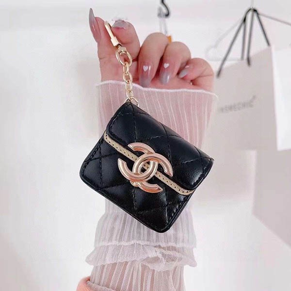 Fake Chanel Airpods Case Leather Earphone Case with Large Metal Logo shc12412