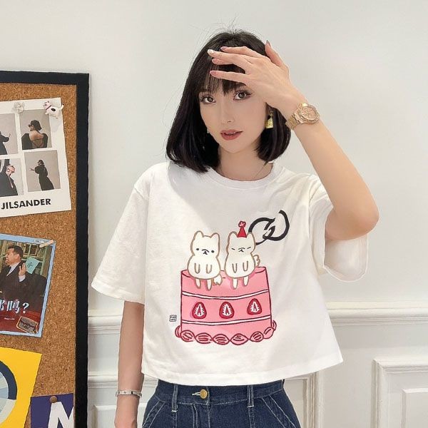 Instant Shipping Gucci Kawaii Cropped Cotton Jersey T-Shirt Fake Print 717684XJFBL9095 Instant Shipping Gucci Kawaii Cropped Cotton Jersey T-Shirt Fake Print 717684XJFBL9095