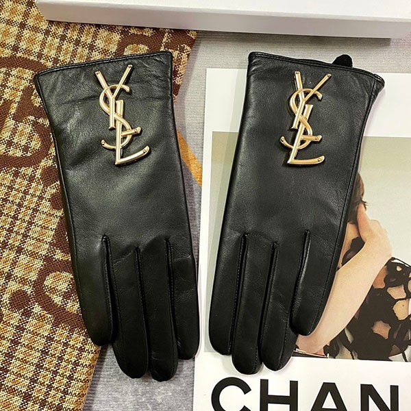 Saint Laurent Logo Black Leather Gloves Replica Saz32857