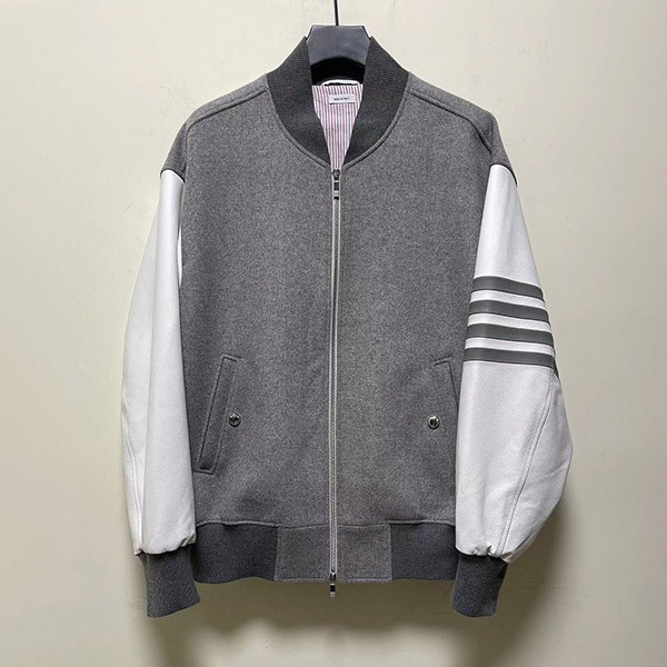 Thom Browne Replica 4 Line Leather Sleeve Oversized Jacket MJO161X Thom Browne Replica 4 Line Leather Sleeve Oversized Jacket MJO161X