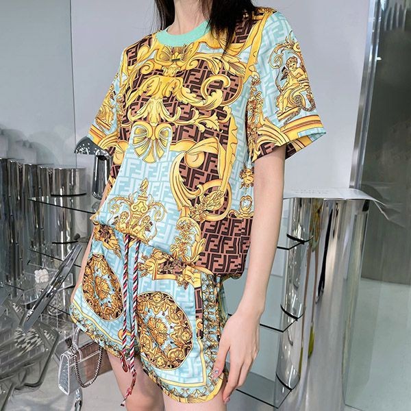 Popular Fender Chain Top and Bottom Set Fake ★ Multicolor Jersey T-Shirt fes01623 Popular Fender Chain Top and Bottom Set Fake ★ Multicolor Jersey T-Shirt fes01623