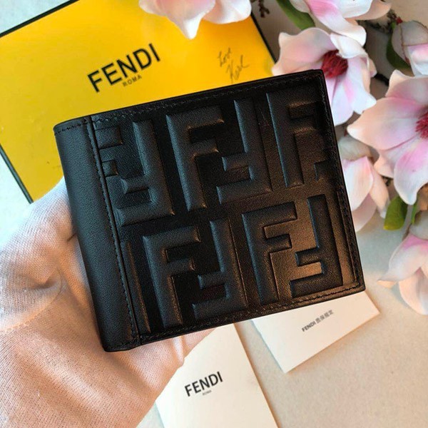★Japan!! Popular! Fendi Replica Black Leather Bi-fold Wallet feo02506