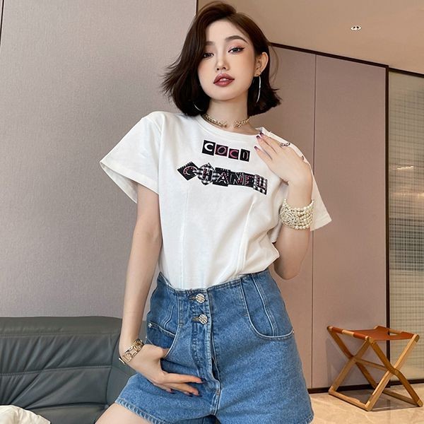 22FW Pre-Chanel Short Sleeve Top Tweed Embroidered Logo Fake P71283V6207700100