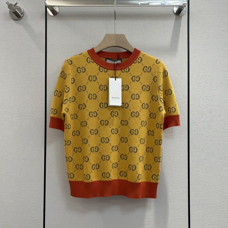 Cute beads! Gucci short sleeve knit T-shirt copy yellow cotton guk18530