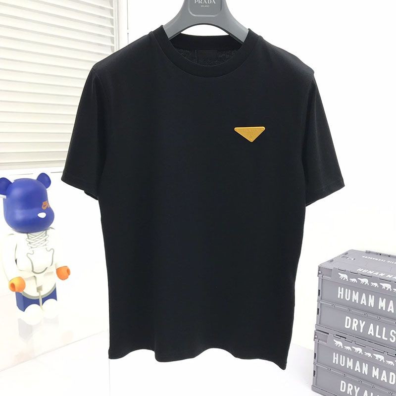 Very popular!! New color Prada replica contrast triangle logo cotton T-shirt in black pue73875