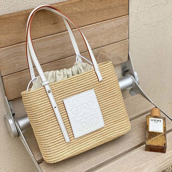 Very popular!! New color Loewe Square Basket Bag Replica Small (Raffia & Calfskin) A223099X08
