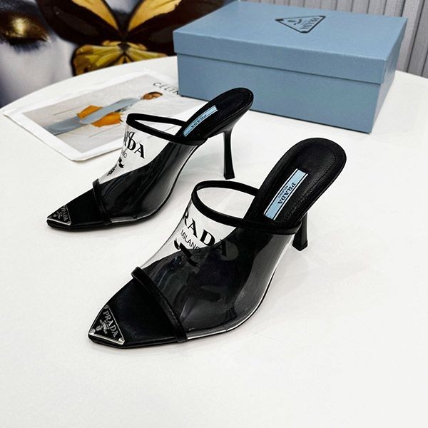 Love at first sight? Replica Prada logo print Plex high heel slide sandals puy90499