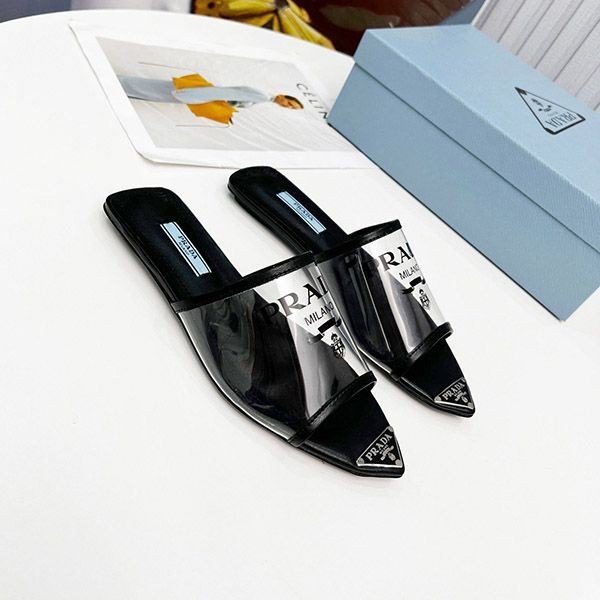 Love at first sight? Prada logo print Plex sandals replica puv71265