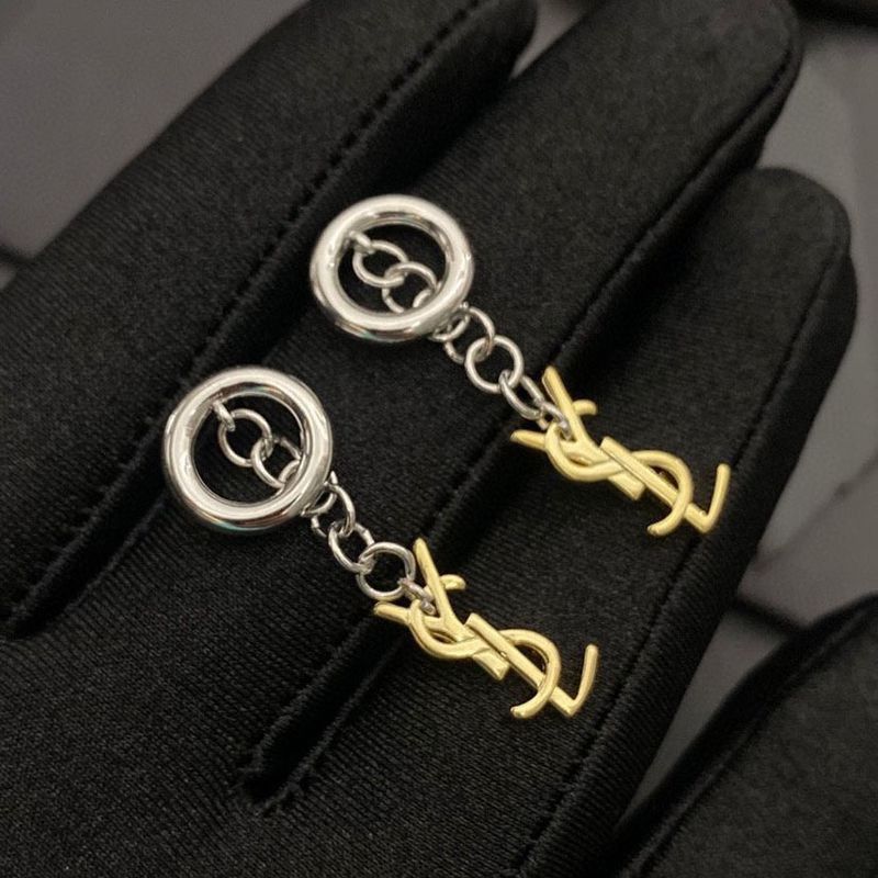 Very popular!! New color Saint Laurent logo thread earrings fake rose gold silver Sam32841