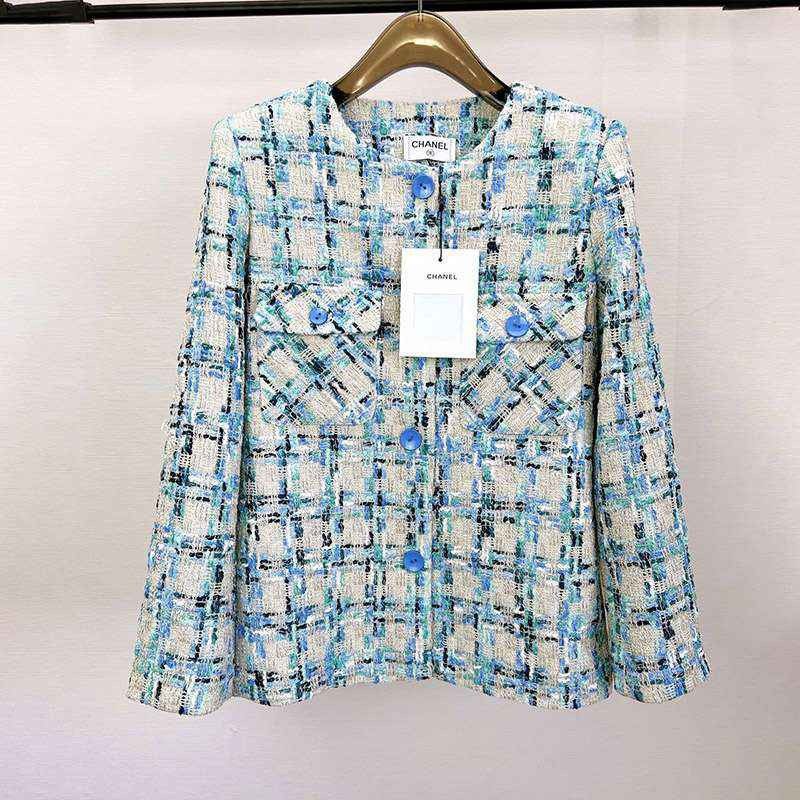 21AW New Chanel Tweed Jacket Copy Blue sht42669