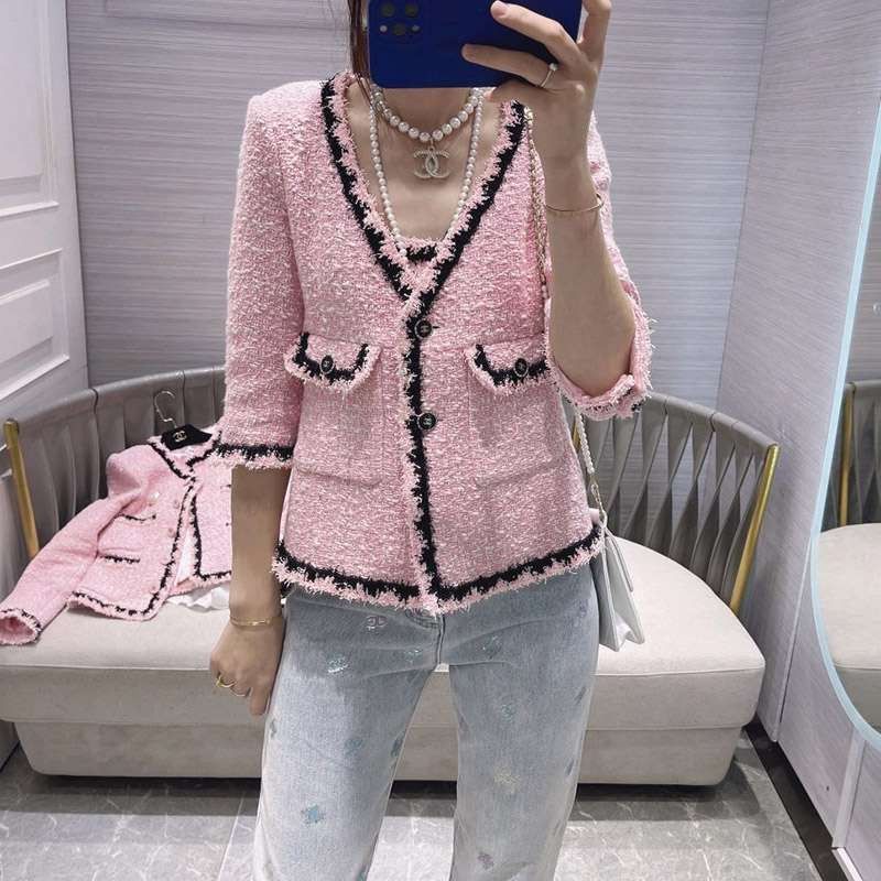 Very popular: Chanel tweed jacket replica pink she38027