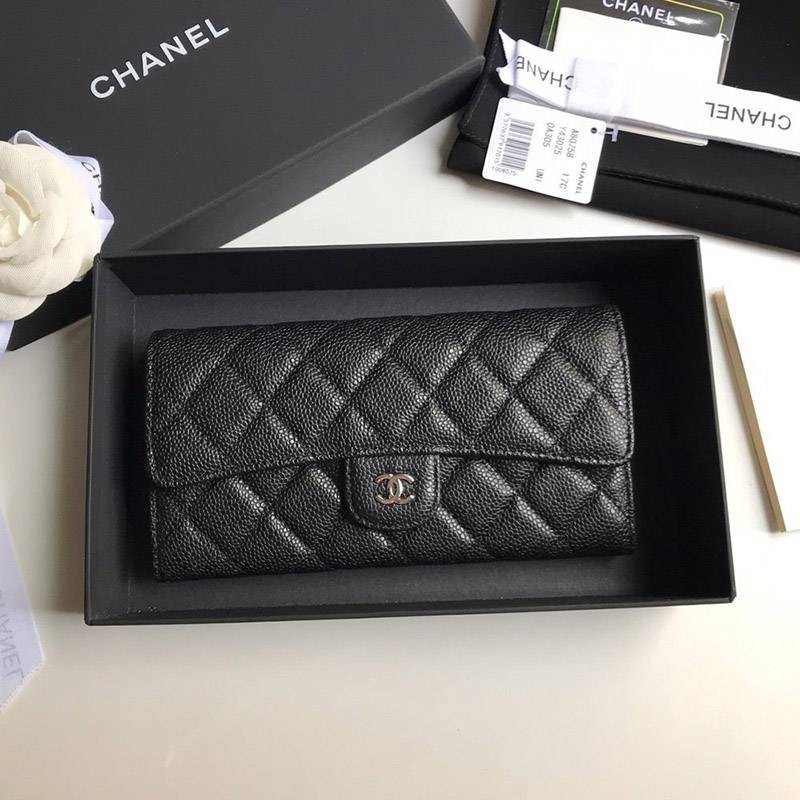 Eye-catching Chanel bi-fold flap long wallet replica caviar skin shr95237