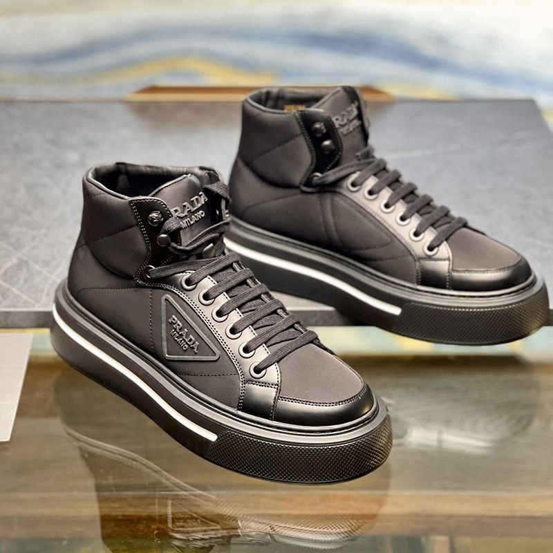 Classic Prada Macro Replica Re-Nylon x Brushed Leather High Top Sneakers PUV13010