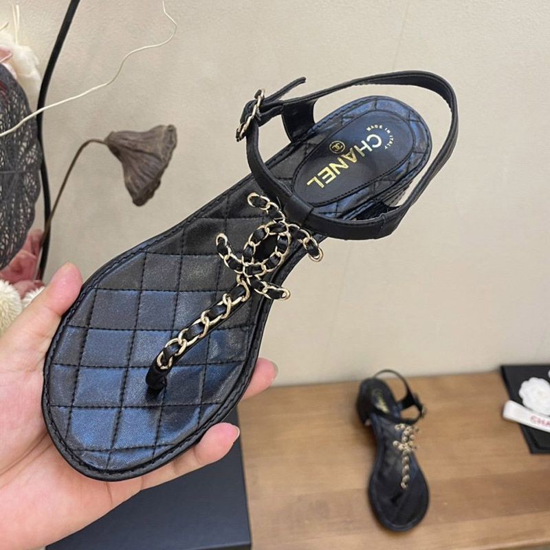 Chanel Sandals Replica CC Logo Black Shipping Included Shoes Cork Leather Chain shi84081
