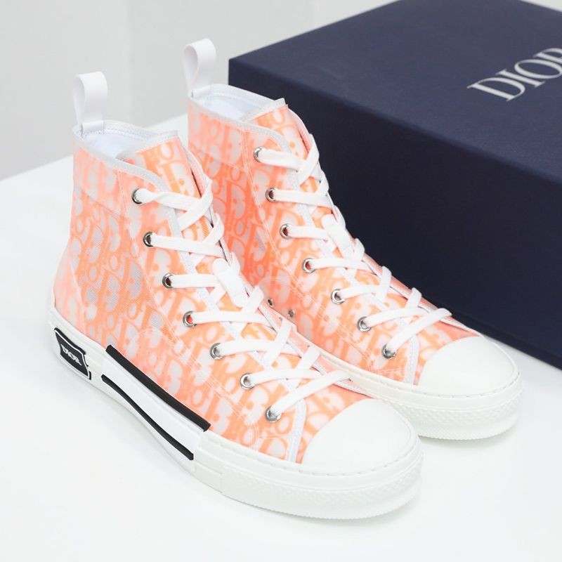 New for Fall/Winter Dior B23 Replica High Top Sneakers ★ White & Orange Oblique Canvas 3SH118YNT_H261