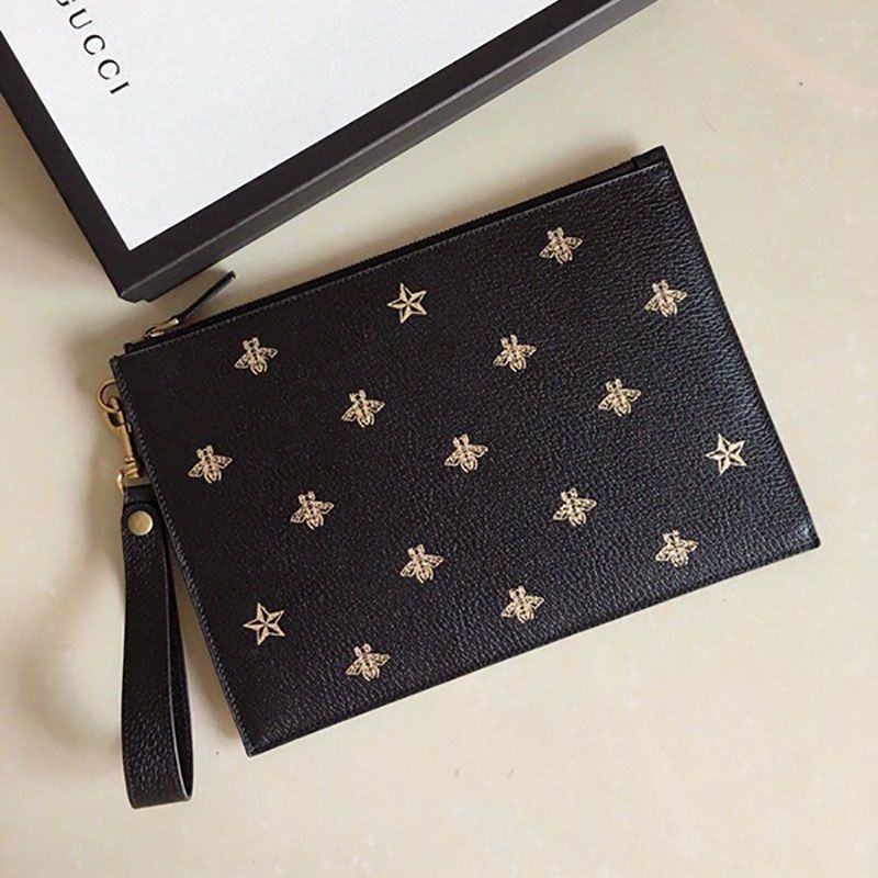 [Gucci] Bee & Star Pattern * Leather Pouch with Detachable Wrist Strap Copy 495066 DJ2KT 8474