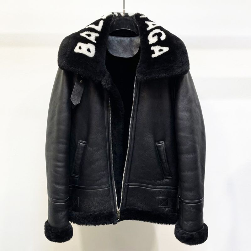 Extremely Rare! Balenciaga Cocoon Aviator Jacket Replica Shiny Lambskin & Bonded Wool Black 646456TKS311069
