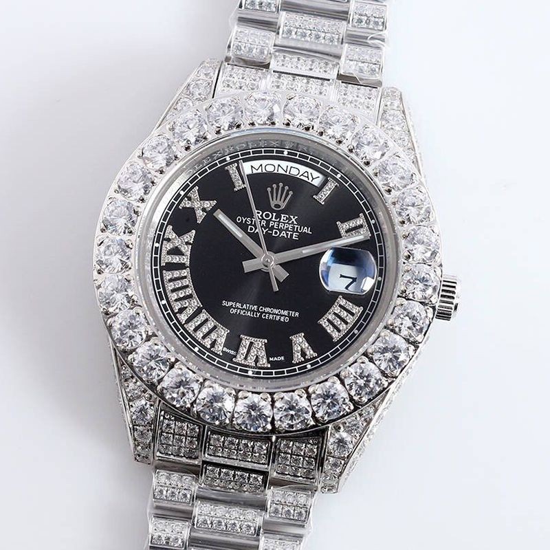 Classic Rolex Watch Replica 39MM Men's Black Full Diamond Day Date Rol64114
