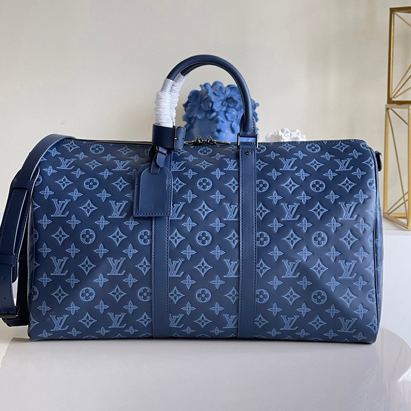 21-22AW Louis Vuitton Boston Bag Replica Keepall Travel Bag Blue Monogram M45731