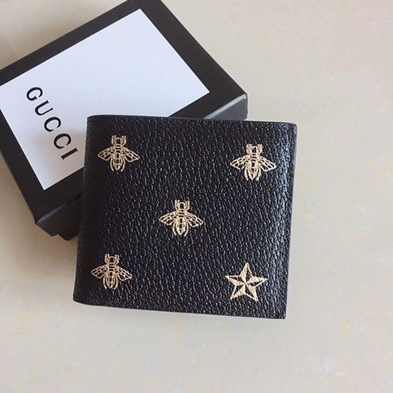 [Gucci] Bee & Star Pattern ☆ Black Leather * Bi-fold Wallet Replica gg21082709