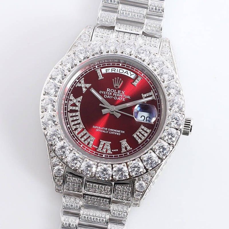 Eye-catching color Rolex watch replica 39MM men's red full diamond day-date roh51246
