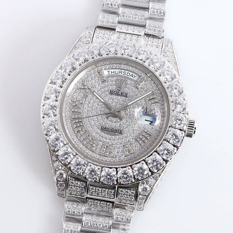 Free shipping Rolex watch replica 39MM men's silver full diamond day date rom34702