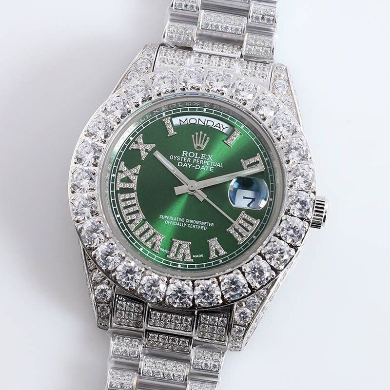 Extremely rare! Rolex replica watch 39MM men's green all-diamond day-date roi63736
