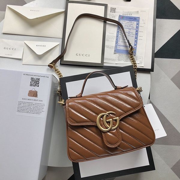 Gucci★Mini Top Handle Bag Replica GG Marmont Brown Leather gg210820111